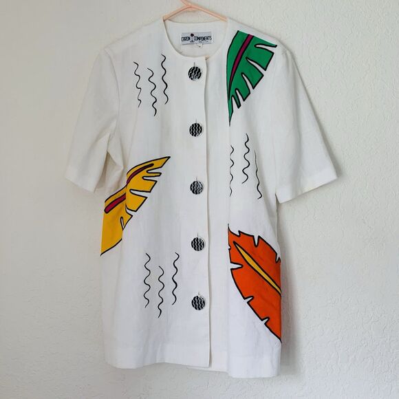 VTG Caron Components Top Women 16 White Retro Tropical Button Front 80s Vacation - Picture 1 of 11